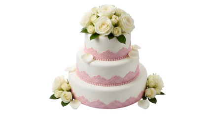 Elegant three tier wedding cake with pink accents and floral decorations isolated on transparent background