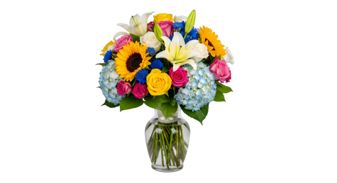 Bright and colorful bouquet of assorted flowers in a glass vase isolated on transparent background - Powered by Adobe