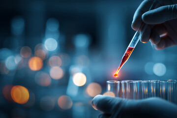 Close-up of a scientist's hands carefully manipulating a pipette in a test tube