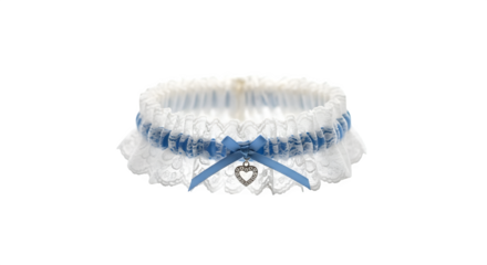 Elegant white wedding garter with a light blue ribbon and heart charm isolated on transparent background