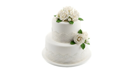 Elegant three tier wedding cake with white roses and greenery isolated on transparent background