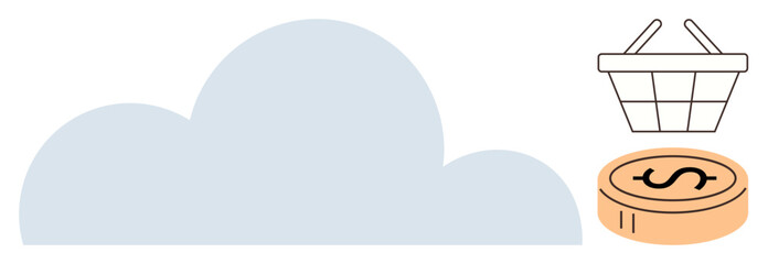 Cloud with basket and coin icon symbolizes online shopping, e-commerce, and digital payments. Ideal for technology, fintech, business, SaaS, modern economy cloud service simplified transactions. A