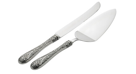 Fototapeta premium Elegant silver cake server and knife set with floral design isolated on transparent background