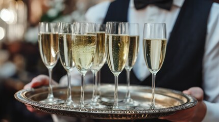 Formal Waiter Presenting Sparkling Wine at a Gala Event