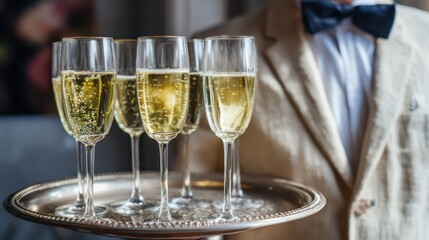 Elegant Service of Champagne Flutes by Waiter on a Tray