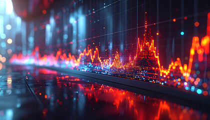 Financial Data Visual Symphony: An abstract depiction of financial data streams, showcasing dynamic fluctuations through vibrant lights and futuristic lines.