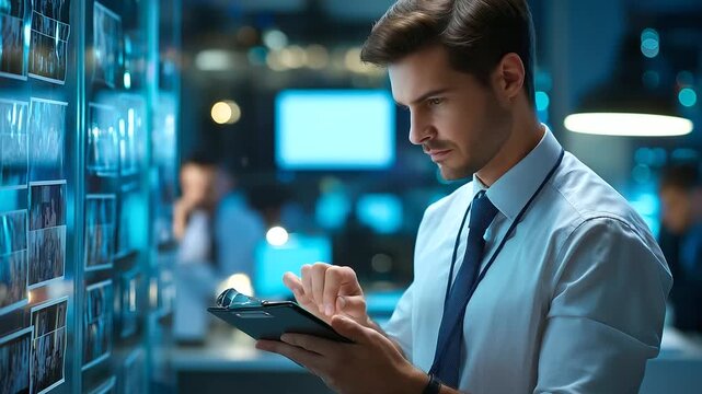 Senior intelligence officer, studying case files, records evidence room, reviewing surveillance photos, classified information secret, mission criminal investigation, intelligence