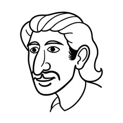 Vector cartoon illustration portrait of a man's face with a chef character design and evil expression, sketch art drawing with black hair, eyes, and mouth