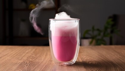 Cloudy Pink Matcha In A Glass With Airy Foam On The Table