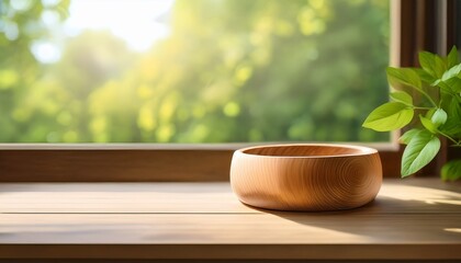 A Light Brown Cylindrical Wooden Cup Rests On A Smaller Circular Wooden Stand Atop A Light Wood Surface Before A Bright Window And Greenery