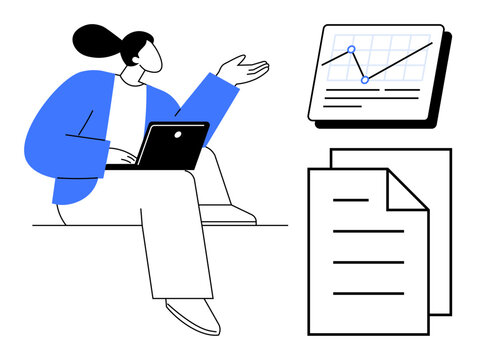 Fototapeta Woman using laptop, gesturing towards data chart and documents, symbolizing data analysis, business strategy, teamwork, digital marketing, project planning, education and communication. Simple flat