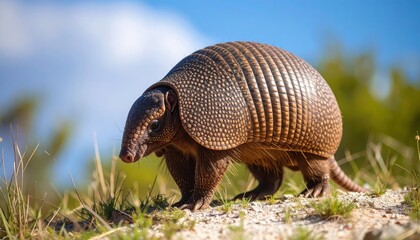 Obraz premium Pangolin walks on natural ground surface pangolin traverses ground its scales are visible