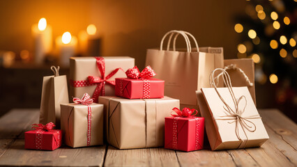 Christmas gift boxes with colorful ribbons on wooden table with festive background and candles