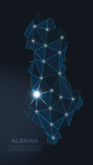 Geometric low-poly vector depiction of Albania, showing illuminated cities and population clusters as sparkling dots and space-inspired stars. digital communication network