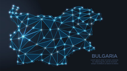Geometric low-poly vector depiction of Bulgaria, showing illuminated cities and population clusters as sparkling dots and space-inspired stars. digital communication network
