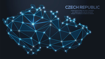 Geometric low-poly vector depiction of Czech, showing illuminated cities and population clusters as sparkling dots and space-inspired stars. digital communication network