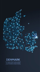 Geometric low-poly vector depiction of Denmark, showing illuminated cities and population clusters as sparkling dots and space-inspired stars. digital communication network