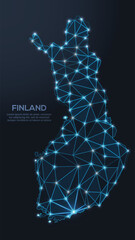Geometric low-poly vector depiction of Finland, showing illuminated cities and population clusters as sparkling dots and space-inspired stars. digital communication network