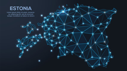 Geometric low-poly vector depiction of Estonia, showing illuminated cities and population clusters as sparkling dots and space-inspired stars. digital communication network