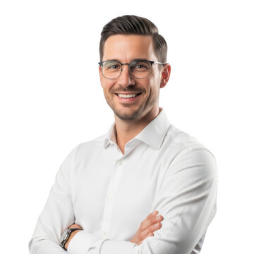 Smiling caucasian man wearing glasses and a white collared shirt with arms crossed isolated on transparent background