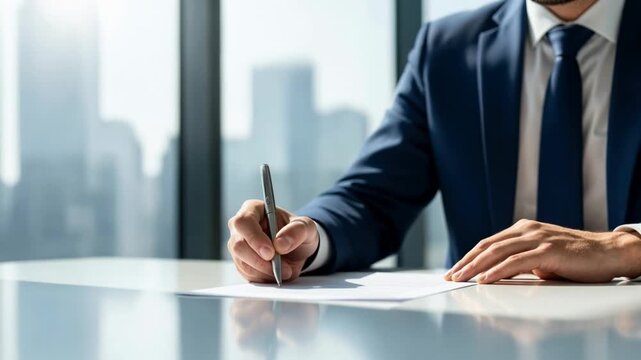 Business professional signing an important contract at a modern corporate office desk with city skyline in the background.