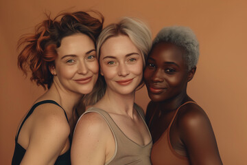 Studio portrait of three multiethnic women smiling and hugging each other, concept of diversity, Women's Day