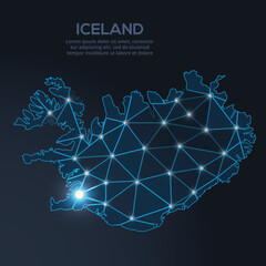 Low-poly vector map of Iceland featuring glowing city lights and population density illustrated through star-like dots and cosmic shapes.