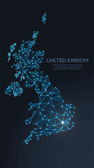 Geometric low-poly vector depiction of Great-Britain, showing illuminated cities and population clusters as sparkling dots and space-inspired stars. digital communication network