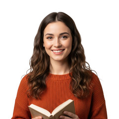 Young woman smiling holding open book isolated on transparent background