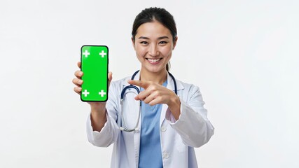Female asian doctor presenting a green-screen smartphone for medical app promotion, digital health communication and customizable design integration.
