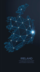 Low-poly vector map of Ireland featuring glowing city lights and population density illustrated through star-like dots and cosmic shapes.