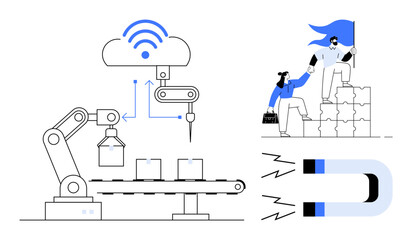 Smart automation, teamwork, cloud computing, business growth, leadership, innovation. Robotic arm, cloud connectivity professionals working together magnet illustration. Automation and teamwork