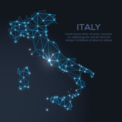 Low-poly vector map of Italy featuring glowing city lights and population density illustrated through star-like dots and cosmic shapes.