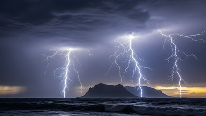 Dramatic lightning storms over the ocean illuminating a silhouette of an island at night