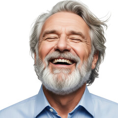 Fototapeta premium Happy elderly man with beard laughing isolated on transparent background