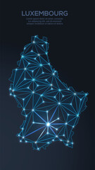 Low-poly vector map of Luxembourg featuring glowing city lights and population density illustrated through star-like dots and cosmic shapes.