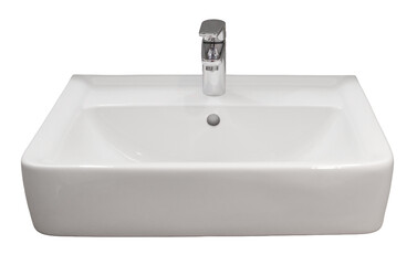 A white rectangular sink features a sleek faucet, suitable for a bathroom or kitchen. The sink is cut out and isolated against a clear background, showing its simple design