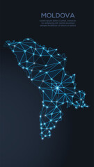 Low-poly vector map of Moldova featuring glowing city lights and population density illustrated through star-like dots and cosmic shapes.