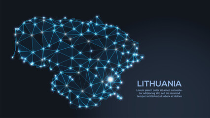 Low-poly vector map of Lithuania featuring glowing city lights and population density illustrated through star-like dots and cosmic shapes.
