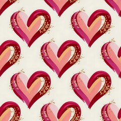 Seamless pattern of hand painted watercolor hearts with golden glitter accents on a light background
