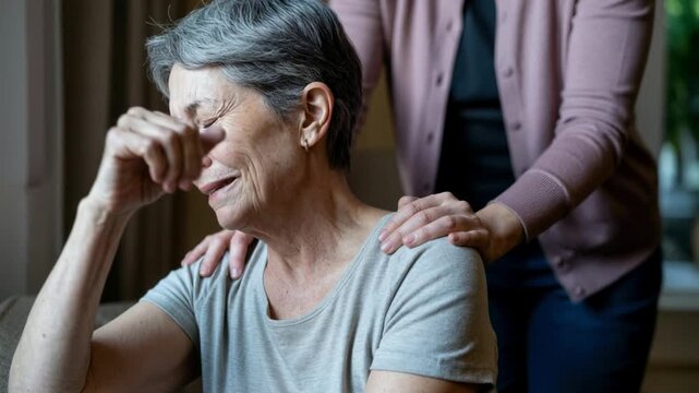Elderly woman experiencing emotional distress while being comforted by a supportive familiar member at home.