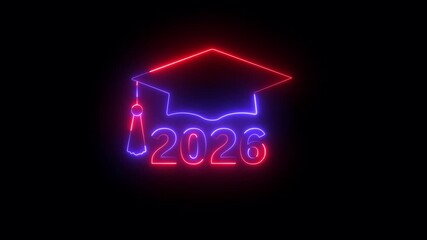 Glowing neon red and blue Graduation cap 2026 neon sign education achievement on Transparent Background. education congratulation, graduation ceremony, key to success and knowledge learning concept.