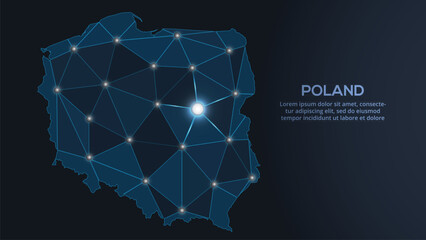 Low-poly vector map of Poland featuring glowing city lights and population density illustrated through star-like dots and cosmic shapes.