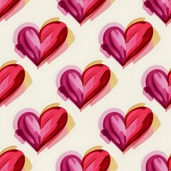 Seamless watercolor heart pattern with soft pink and red brush strokes on a light background