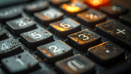 Calculating Numbers: A macro shot unveils the intricate details of a calculator's keypad, highlighting individual buttons bearing numeric symbols and mathematical functions.