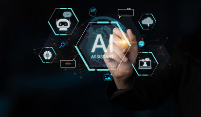 A concept of a global AI virtual assistant. This intelligent agent provides user support through chatbots, performs searches, manages cloud data, and aids in communication. Fermion