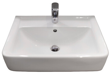This sink features a simple design with a smooth surface and a shiny faucet. It is commonly used for washing hands and dishes in bathrooms and kitchens during daily routines