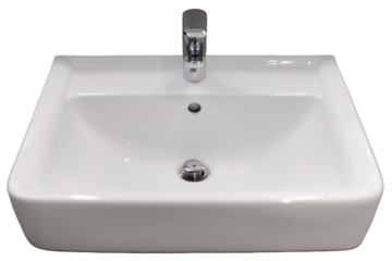 This sink features a simple design with a smooth surface and a shiny faucet. It is commonly used for washing hands and dishes in bathrooms and kitchens during daily routines