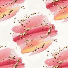 Seamless pattern of soft pink and orange watercolor brush strokes with flecks of gold leaf