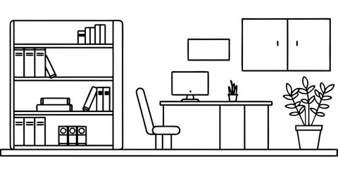 Fototapeta premium Minimal Line Art Home Office Workspace with Desk, Bookshelf and Plant